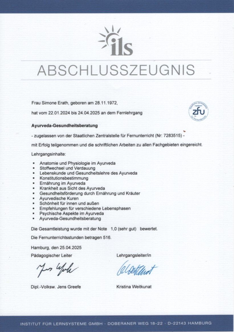 ILS Abschlusszeugnis Ayurveda-Gesundheitsberatung