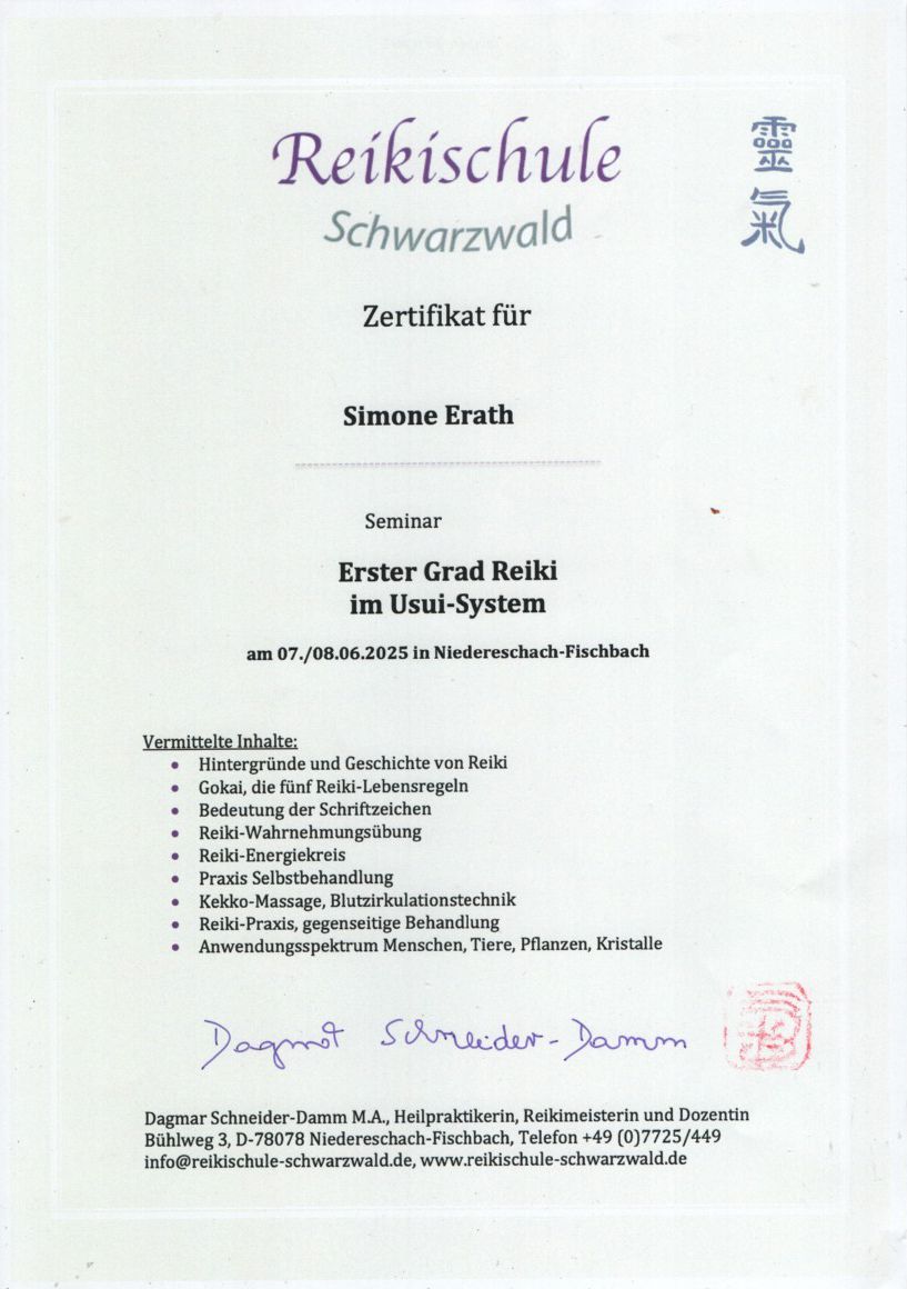 Zertifikat Erster Grad Reiki im Usui-System